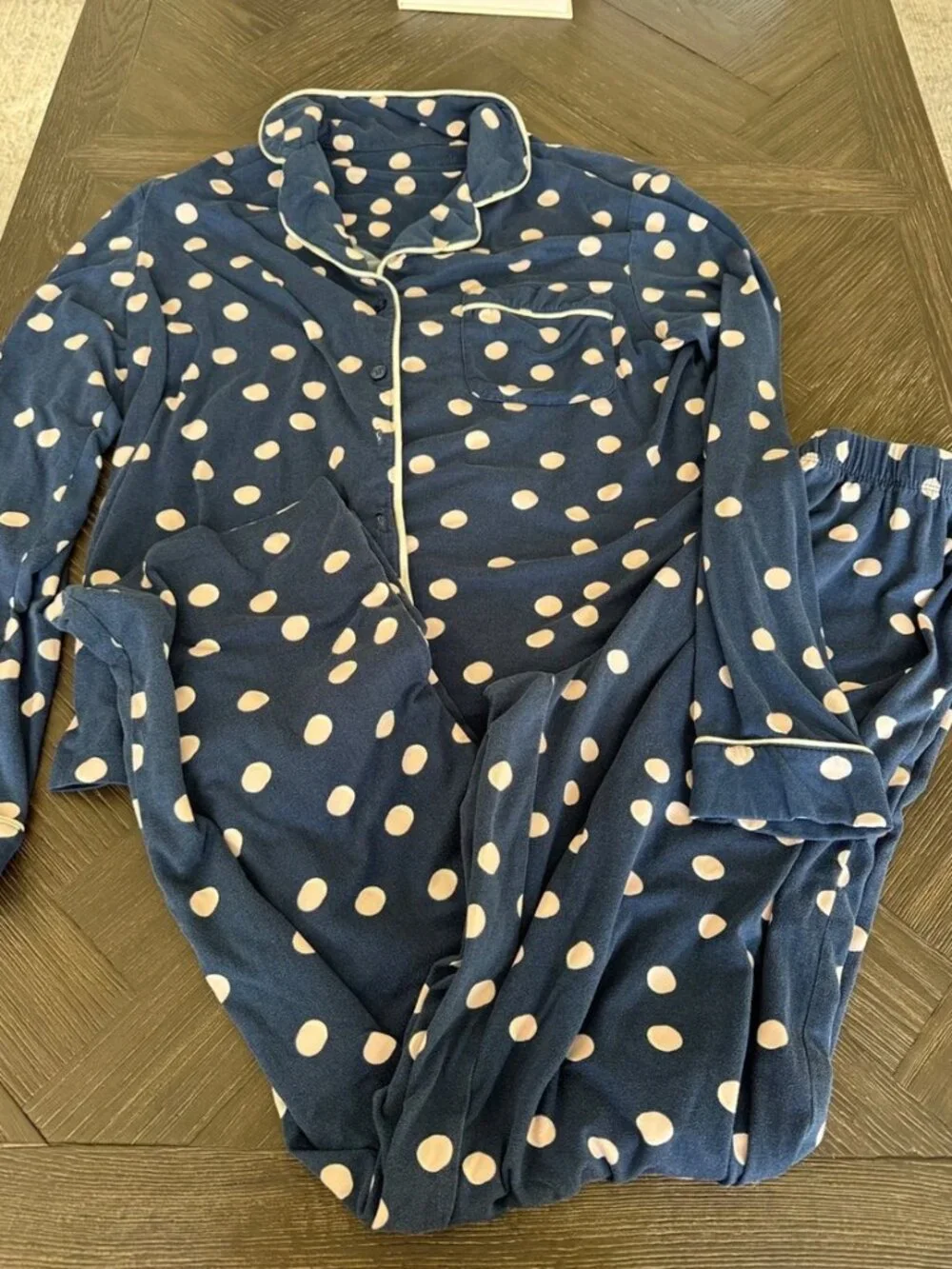 Kate Spade Pajama Set Small Navy Polka Dot 2 Piece Button Front Sleepwear Lounge